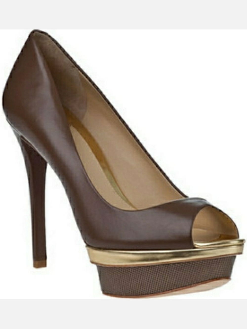 Brian Atwood Franciska Gold Platform Stiletto Heels Chocolate Brown Peep Toe 7